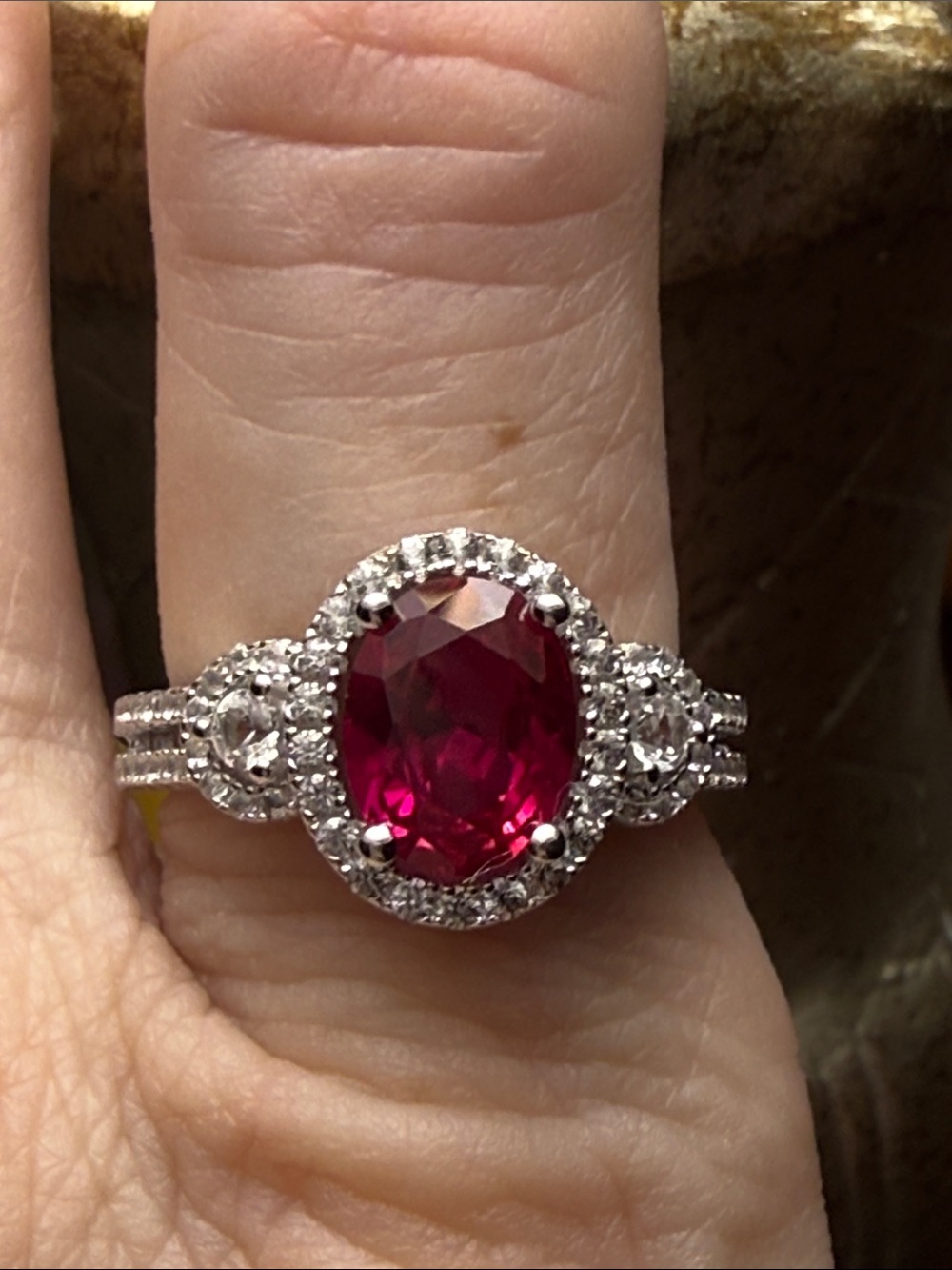 3 CT Elegant RUBY Red Gemstone Ring Halo of Moissanite diamonds .50CT 925 SS